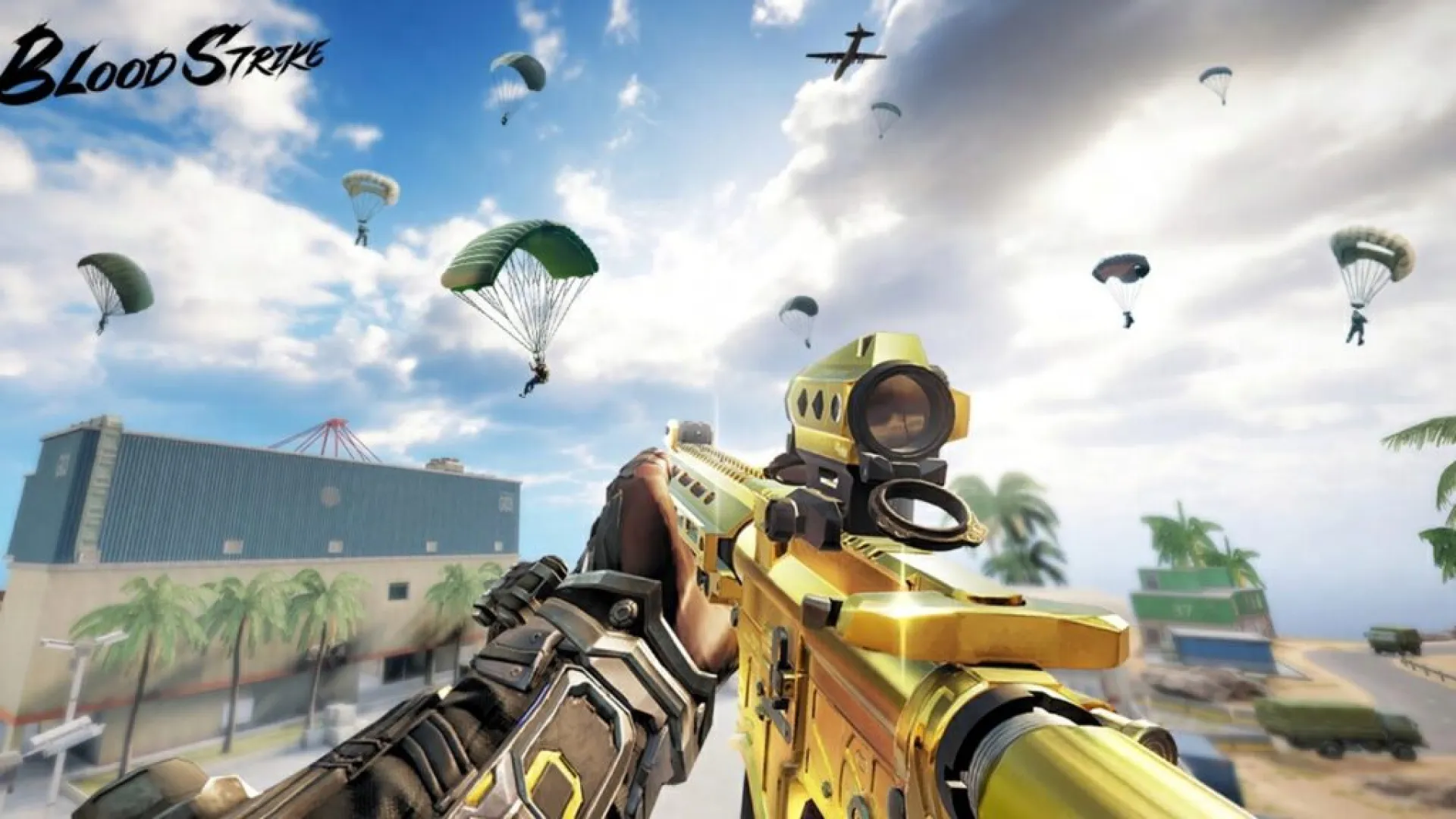 Screenshot of intense combat in Blood Strike, showcasing powerful weapons and exclusive skins in the game.