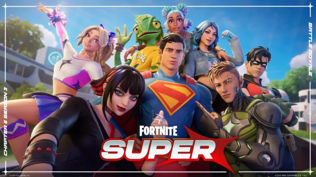 Fortnite Chapter 6 Season 3 battle pass cover showcasing Superman and other DC icons.