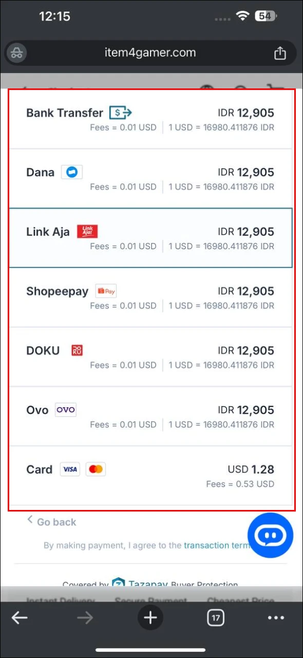 Sample available payment gateways for Indonesian customers
