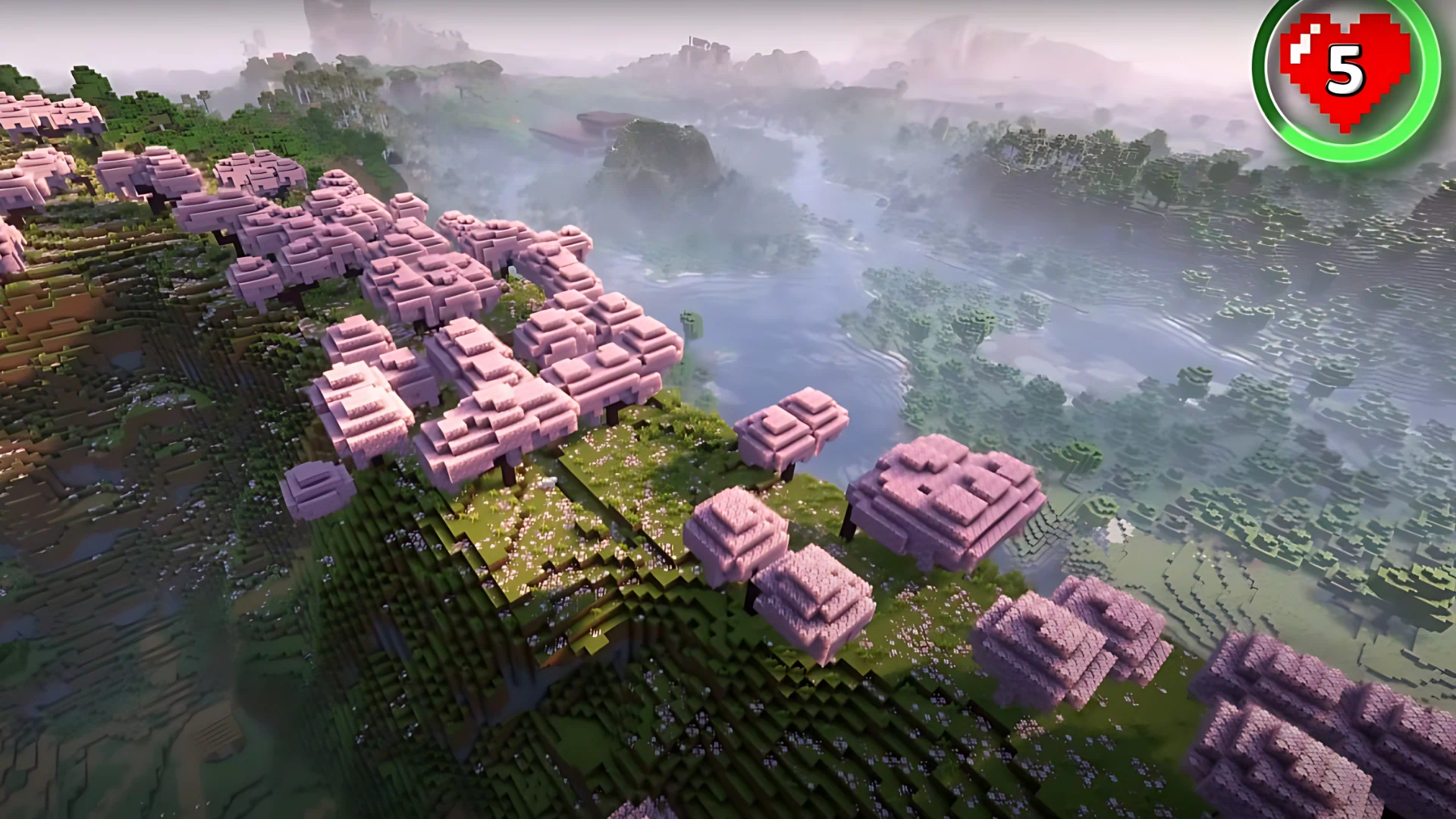 5. Three Cherry Villages with Central Lake - New Minecraft Seeds