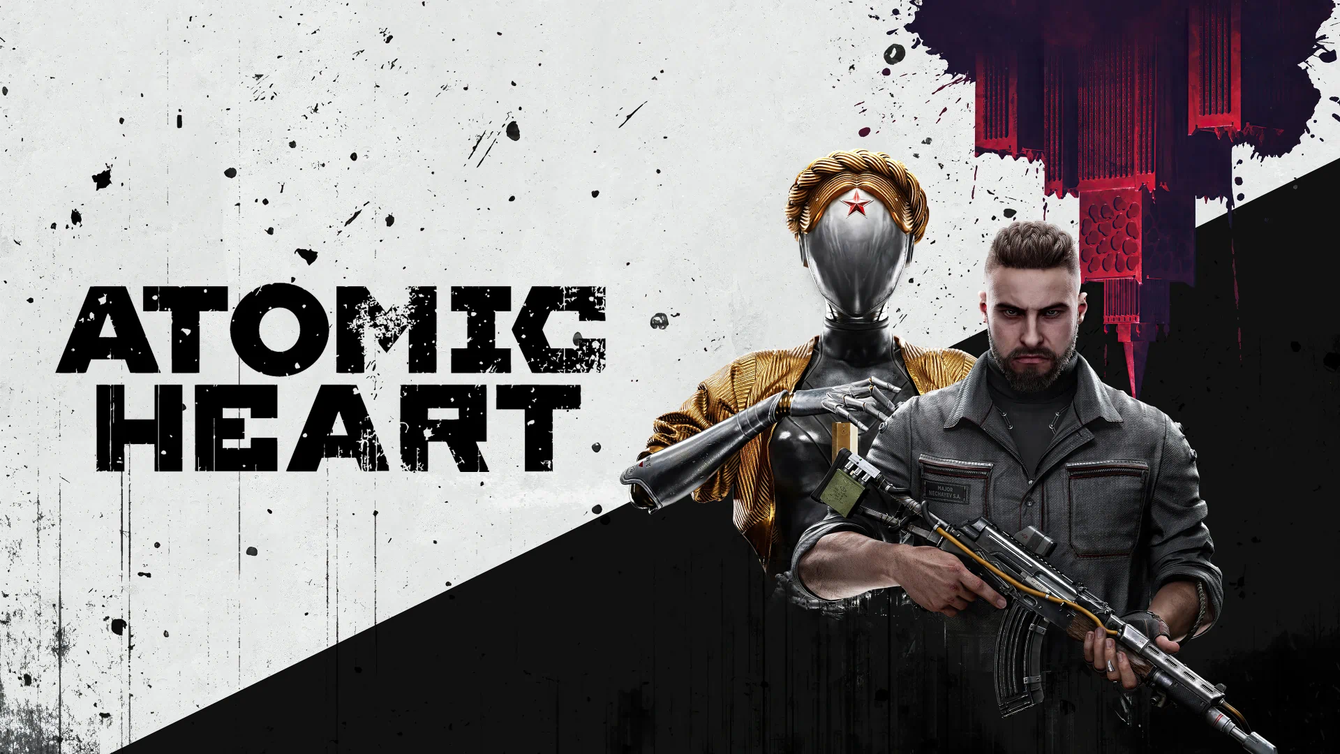 Atomic Heart promotional art showing retro‑futuristic combat scene for PS Plus November 2025