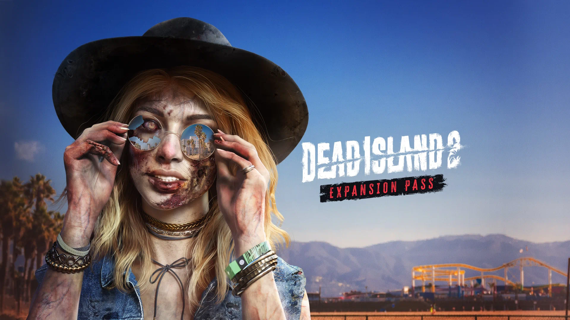 A dangerous, stylish zombie from the Dead Island 2 Expansion Pass adjusts her sunglasses, reflecting a pier