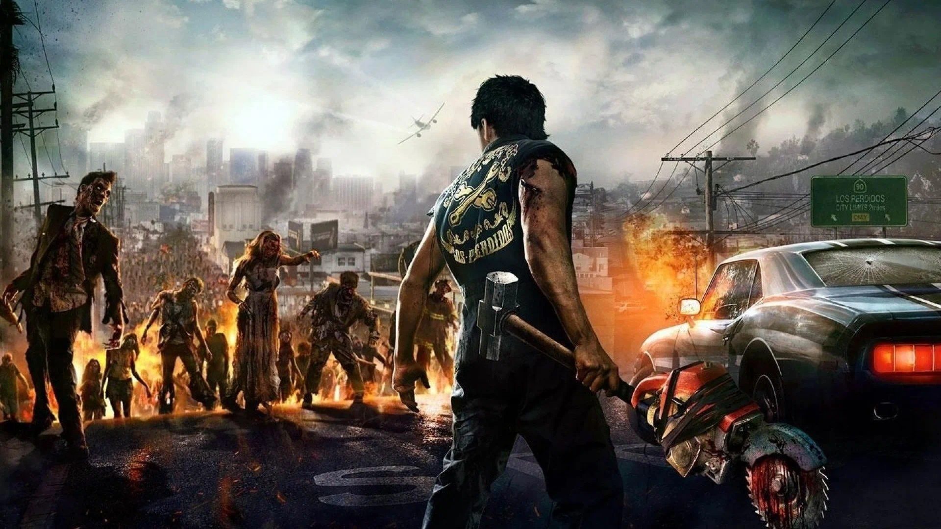 A Dead Rising hero with a combo-weapon facing a huge horde of dangerous zombies