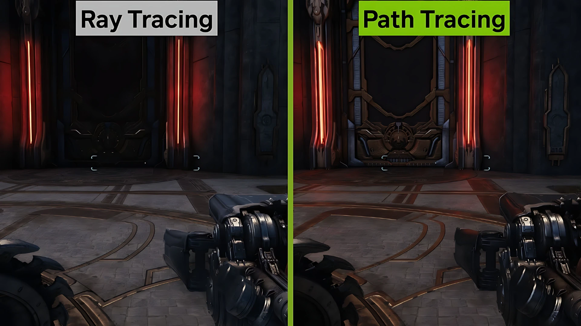 Lighting difference: Path Tracing vs Ray Tracing on Doom gate