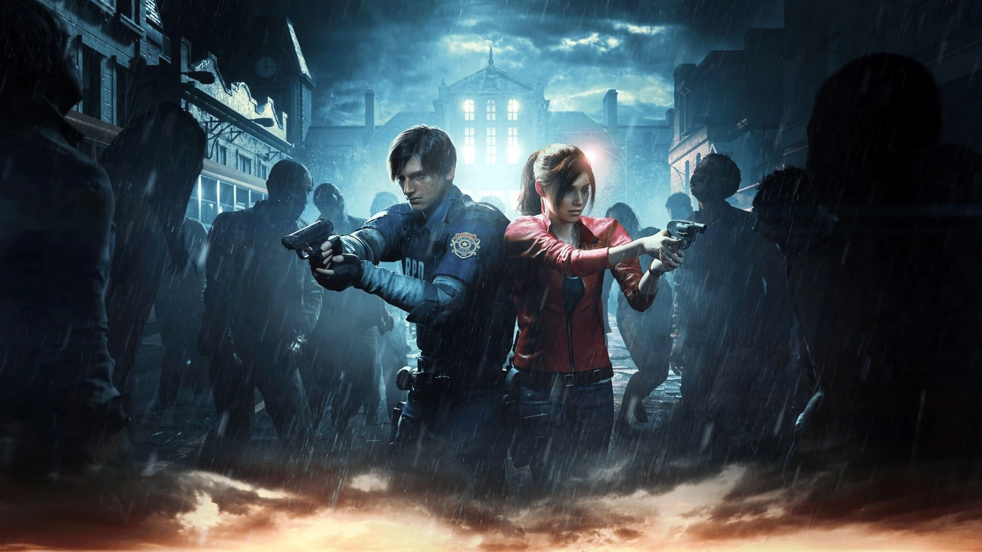Leon and Claire go back-to-back against a mob of dangerous zombies in RE2