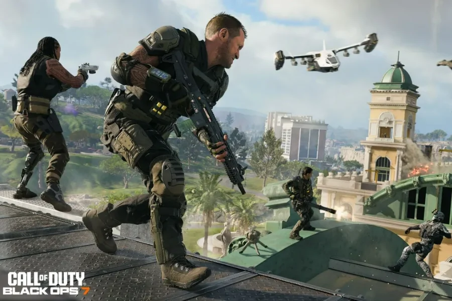 Call of Duty: Black Ops 7 Endgame campaign gameplay showing soldiers fighting in the open‑world Avalon map with futuristic aircraft in action.