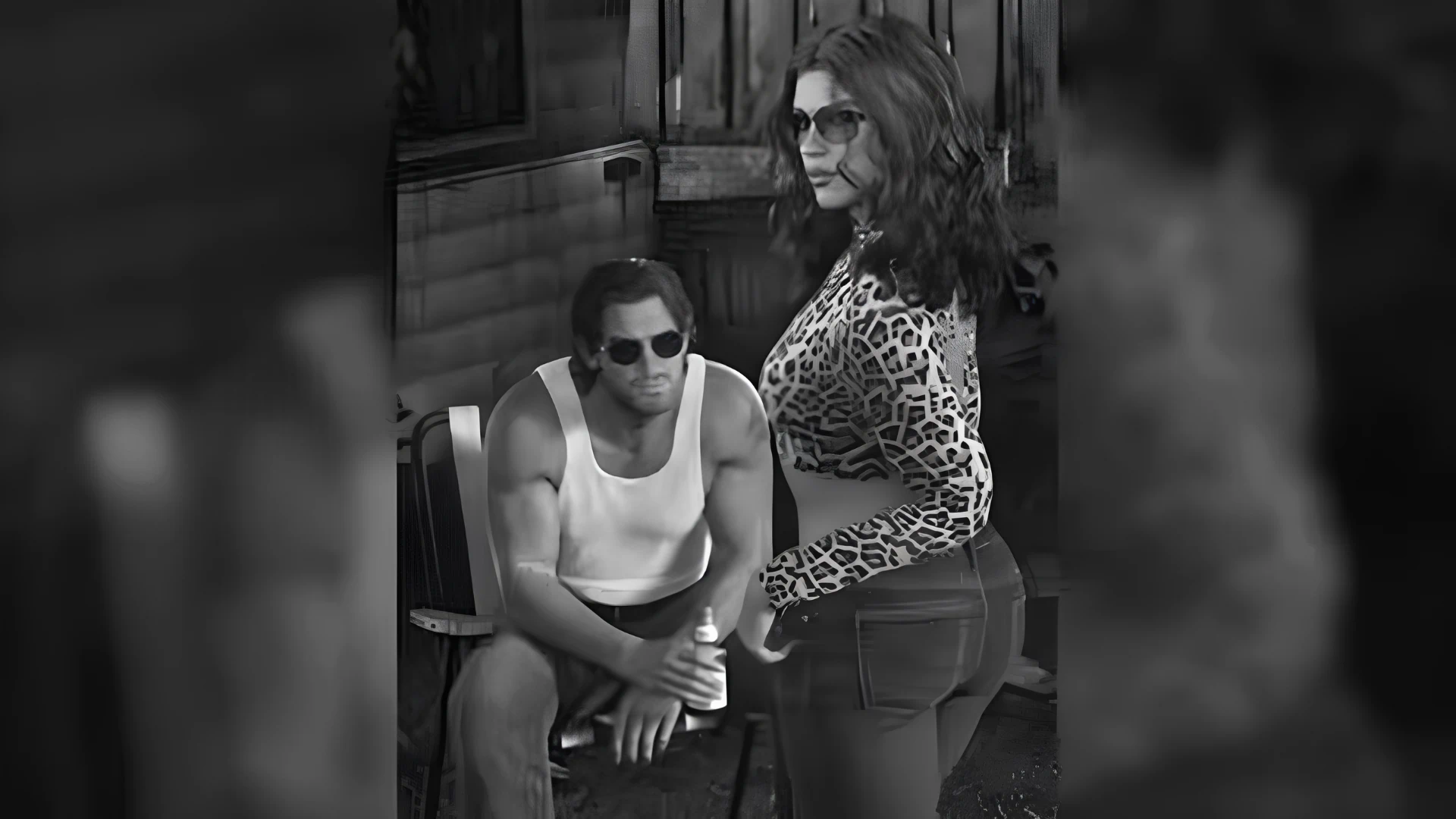 Black-and-white shots of the pair at an RV and sitting on a car.